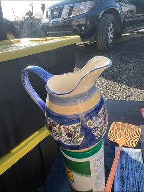 Vintage Hand-Painted Ceramic Pitcher in Blue and Cream